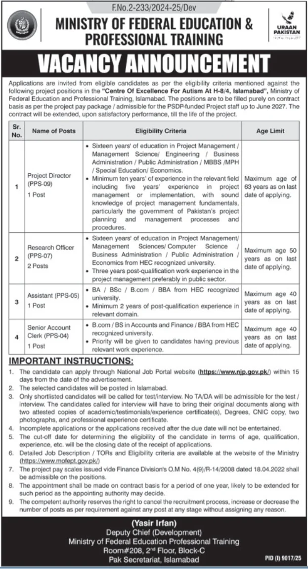 Ministry Of Federal Education & Professional Training Jobs Advertisement