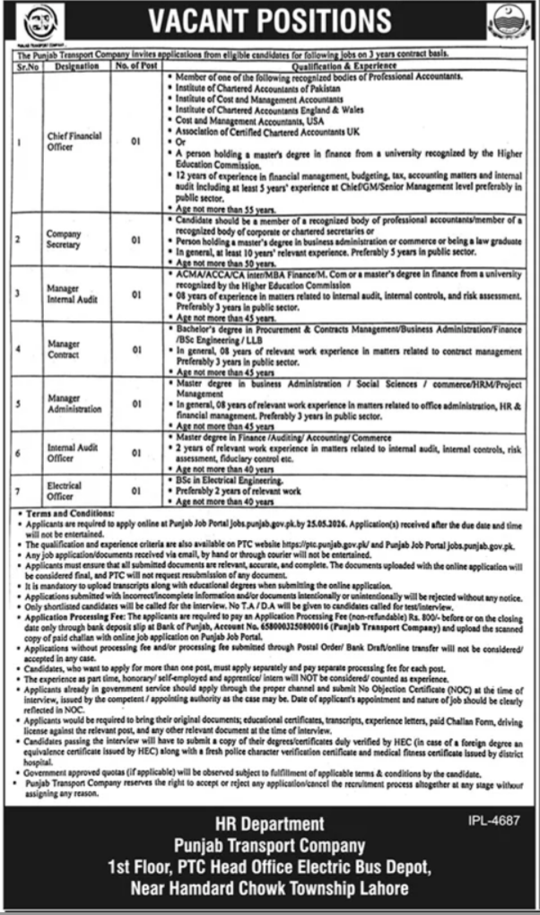 Punjab Transport Company Lahore Jobs 2026 Advertisement