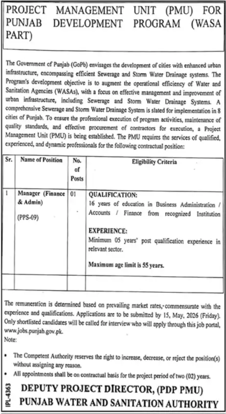 Punjab Water And Sanitation Authority Jobs Advertisement